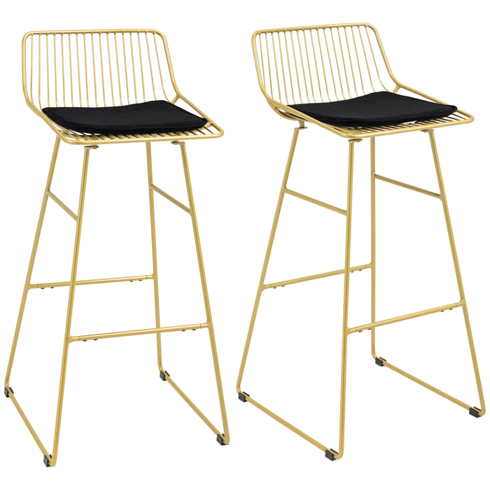 Conjunto de 2 Taburetes Altos de Cocina Sillas Altas de Cocina con Respaldo Cojín y Estructura de Acero Carga 120 kg para Bar Salón Comedor Dorado
