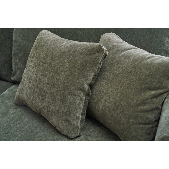 Canapé scandinave déhoussable 3 places en tissu effet velours vert kaki et bois clair OSLO
