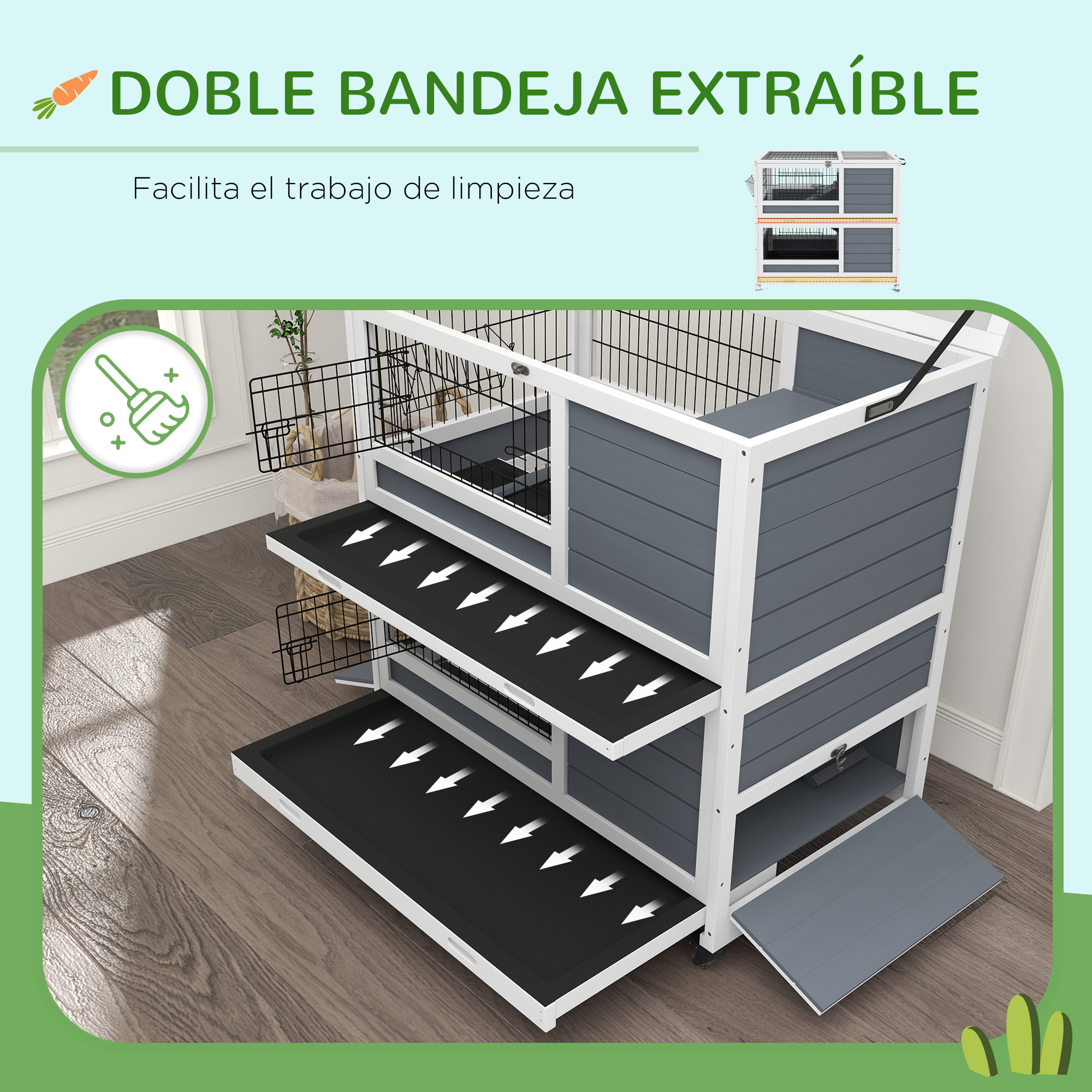 Conejera de Madera con Ruedas 90x53x97 cm Jaula para Conejos de 2 Niveles con Techo Abatible Bandeja Extraíble Comedero y Rampa Gris y Blanco