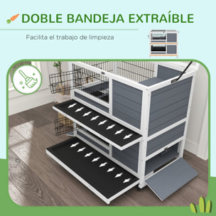Conejera de Madera con Ruedas 90x53x97 cm Jaula para Conejos de 2 Niveles con Techo Abatible Bandeja Extraíble Comedero y Rampa Gris y Blanco