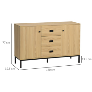 Buffet design industriel - 2 portes avec étagère, 3 tiroirs - piètement métal noir panneaux aspect bois clair