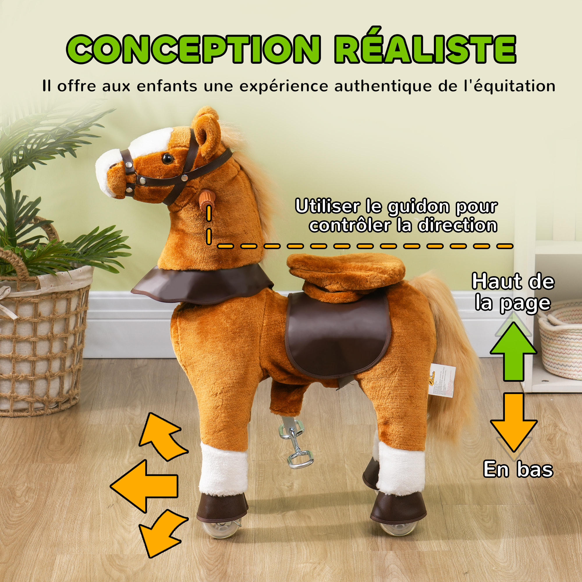 Porteur cheval pour enfant +3 ans cheval debout en peluche 4 roulettes effet sonore marron blanc
