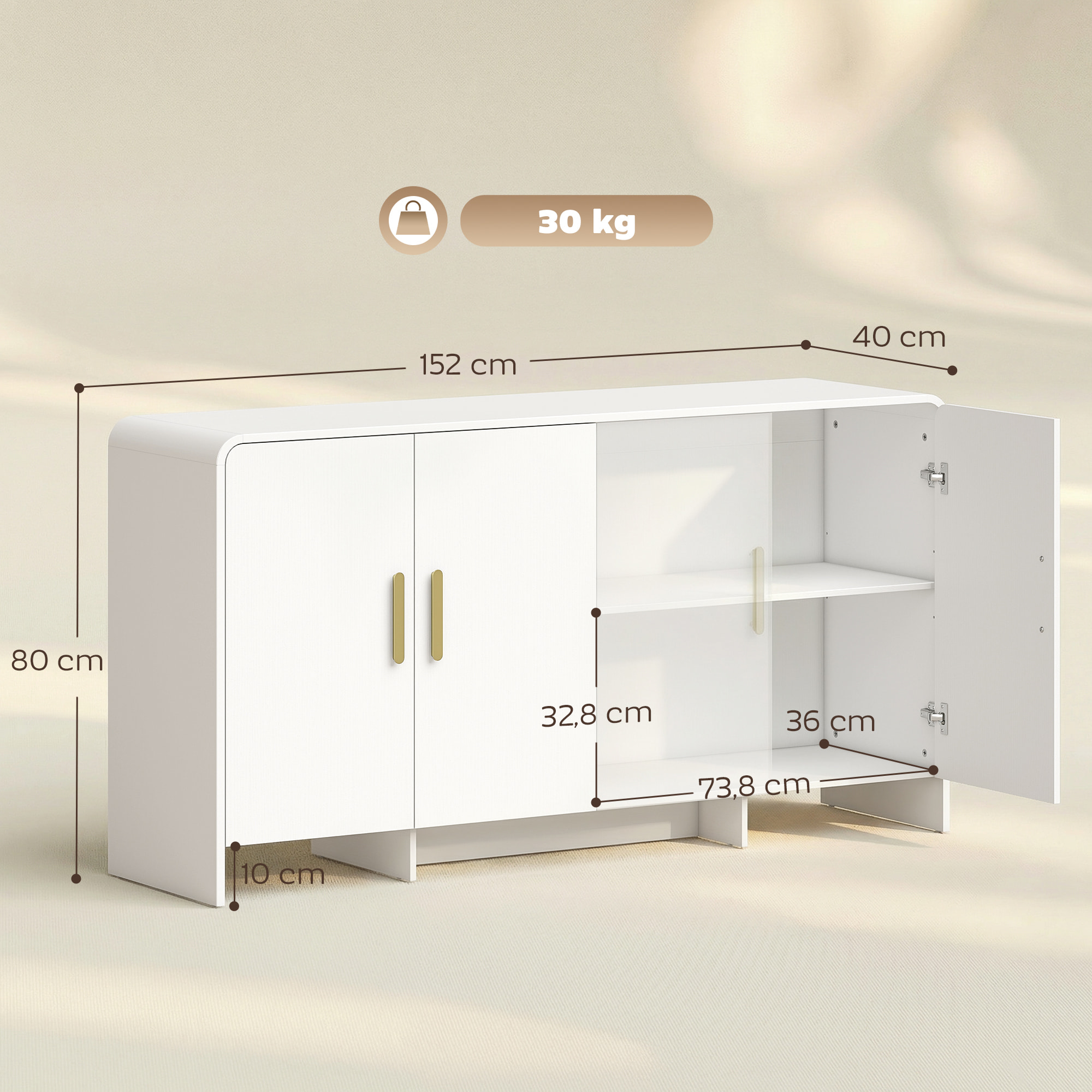 Aparador de Cocina, Armario de Cocina con 4 Estantes, 4 Puertas de Cierre Suave, Bordes Redondeados, Aparador para Comedor, Mueble para TV de 72 Pulgadas, 152x40x80 cm, Blanco
