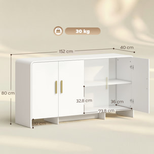 Aparador de Cocina, Armario de Cocina con 4 Estantes, 4 Puertas de Cierre Suave, Bordes Redondeados, Aparador para Comedor, Mueble para TV de 72 Pulgadas, 152x40x80 cm, Blanco