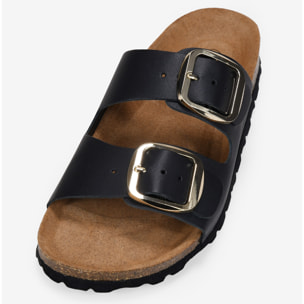 Sandalias planas negras en piel con doble hebilla