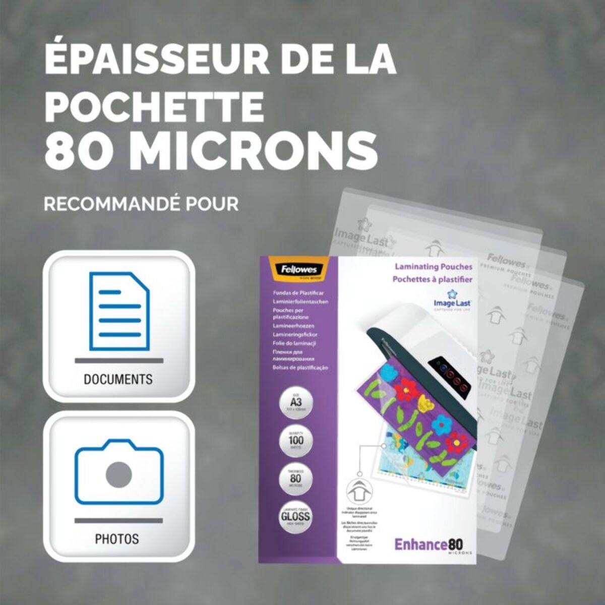 Consommable de bureau pour plastifieuse FELLOWES plastification A3 80 mic x100