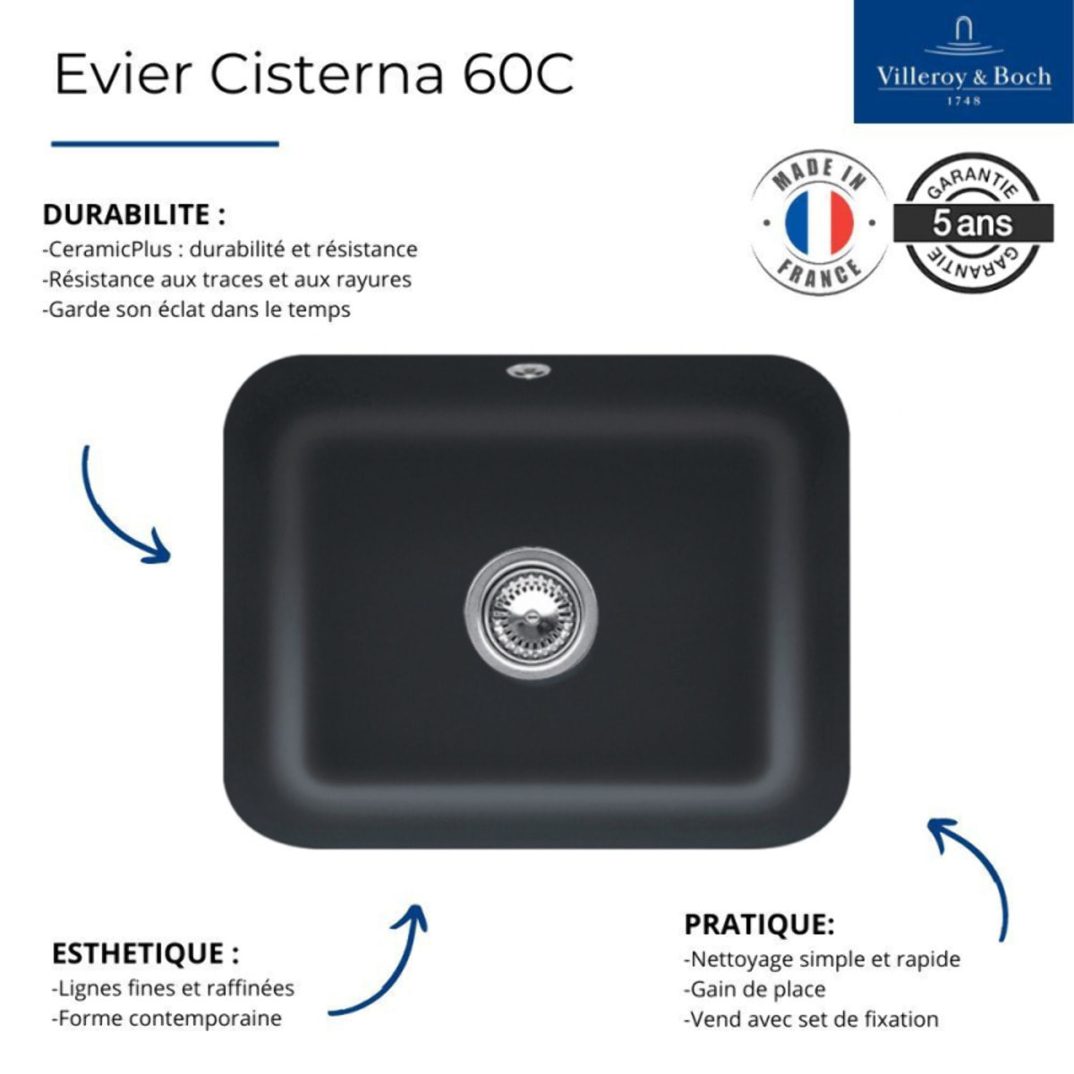 Evier 1 bac Villeroy et Boch Cisterna 60C Pure Black CeramicPlus