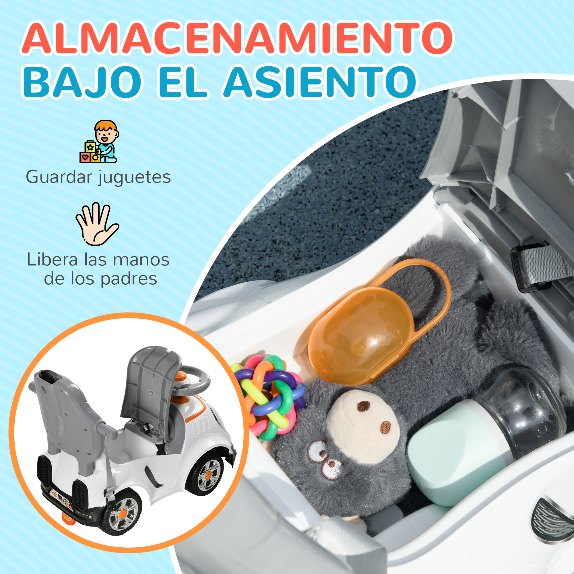 Coche Correpasillos 3 en 1 para Niños 12-36 Meses, Correpasillos con Espacio de Almacenaje, Diseño de Robot con Ojos Luminosos, Música, Bocina, Asa de Empuje y Toldo Extraíbles, Blanco