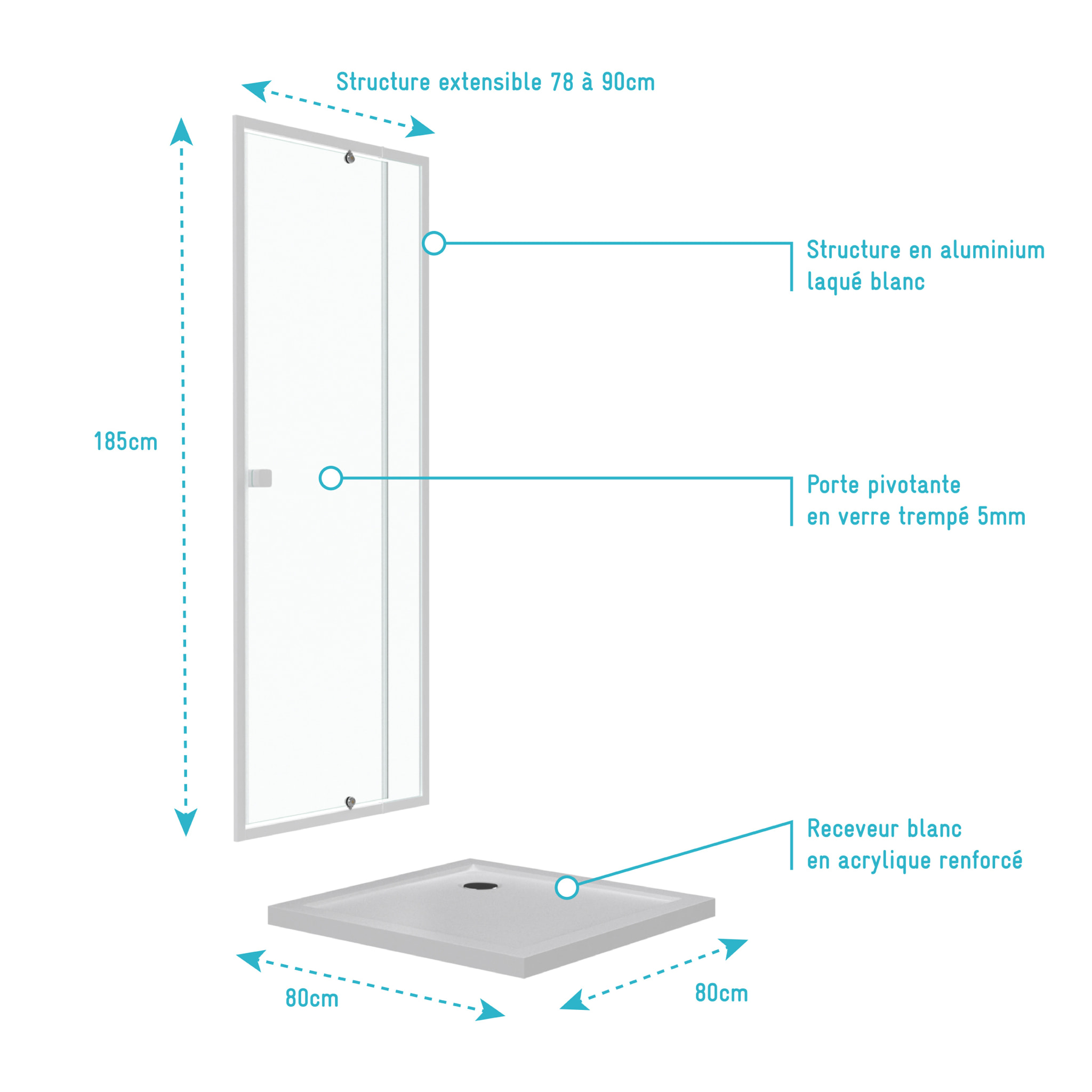 Pack porte de douche pivotante blanc de 78 à 90x185cm + receveur 80x80 - WHITY PIVOT