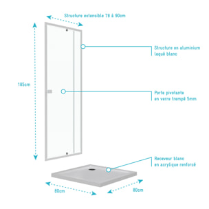 Pack porte de douche pivotante blanc de 78 à 90x185cm + receveur 80x80 - WHITY PIVOT
