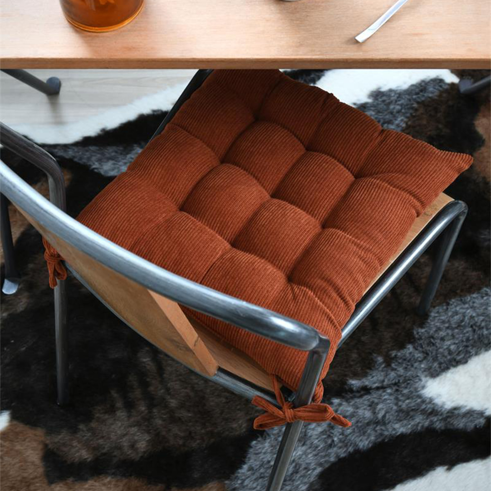 Galette de chaise carrée en velours côtelé - Orange Foncé