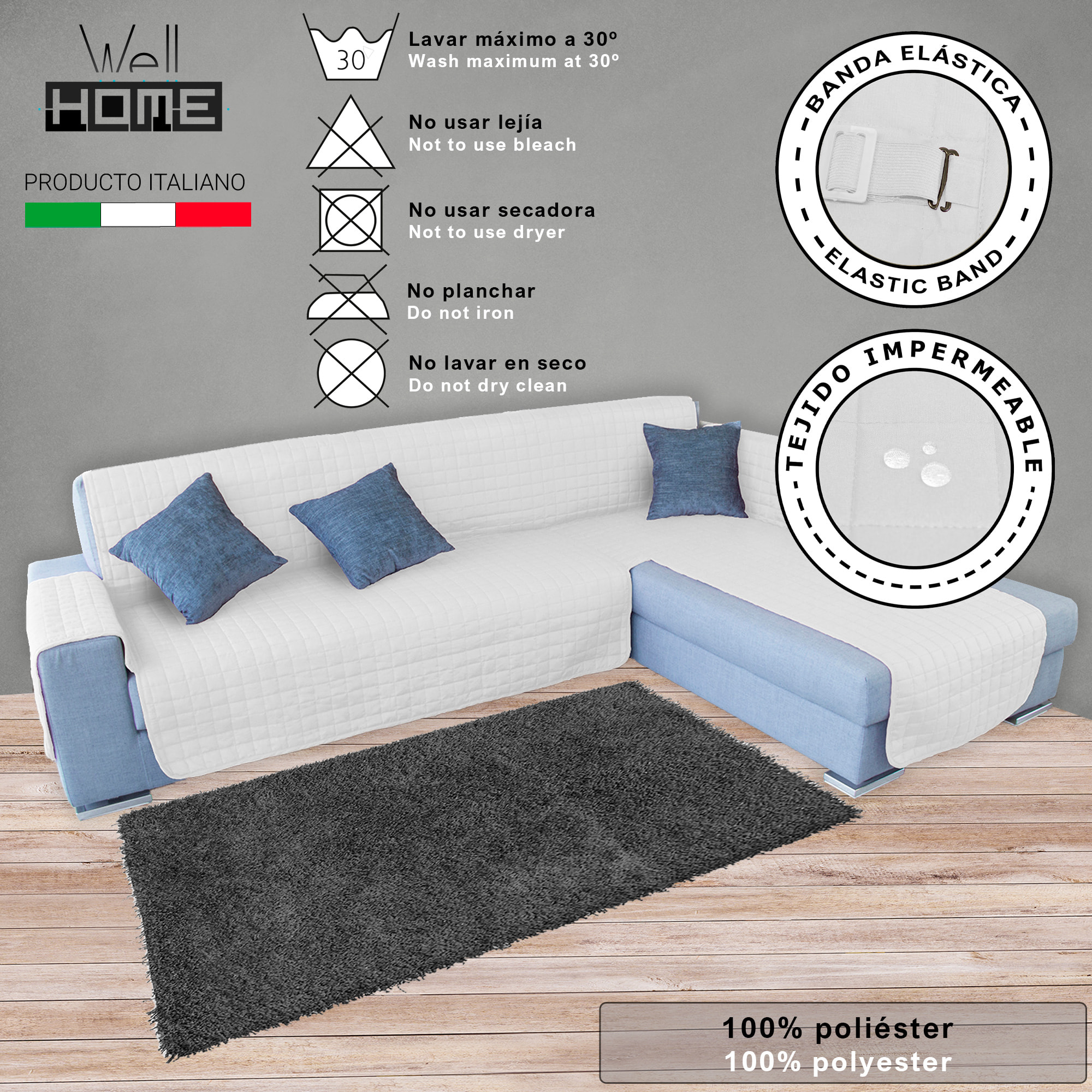 Funda de sofá chaise-longue 3 Plazas ELEGANT REVERSIBLE- ADAPTABLE A AMBOS LADOS Blanco