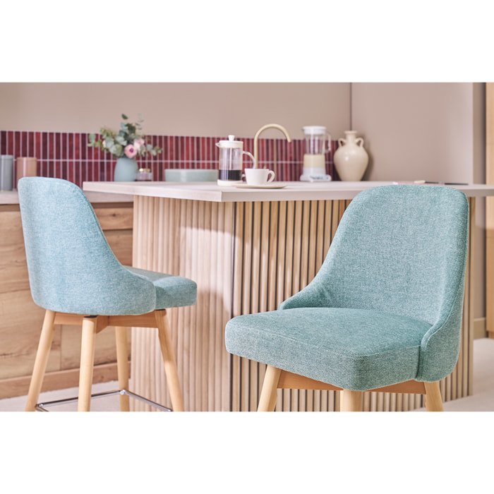 Tabourets de bar scandinaves pivotants 360° en tissu effet velours texturé vert céladon et bois hêtre massif H65 cm (lot de 2) HASTA