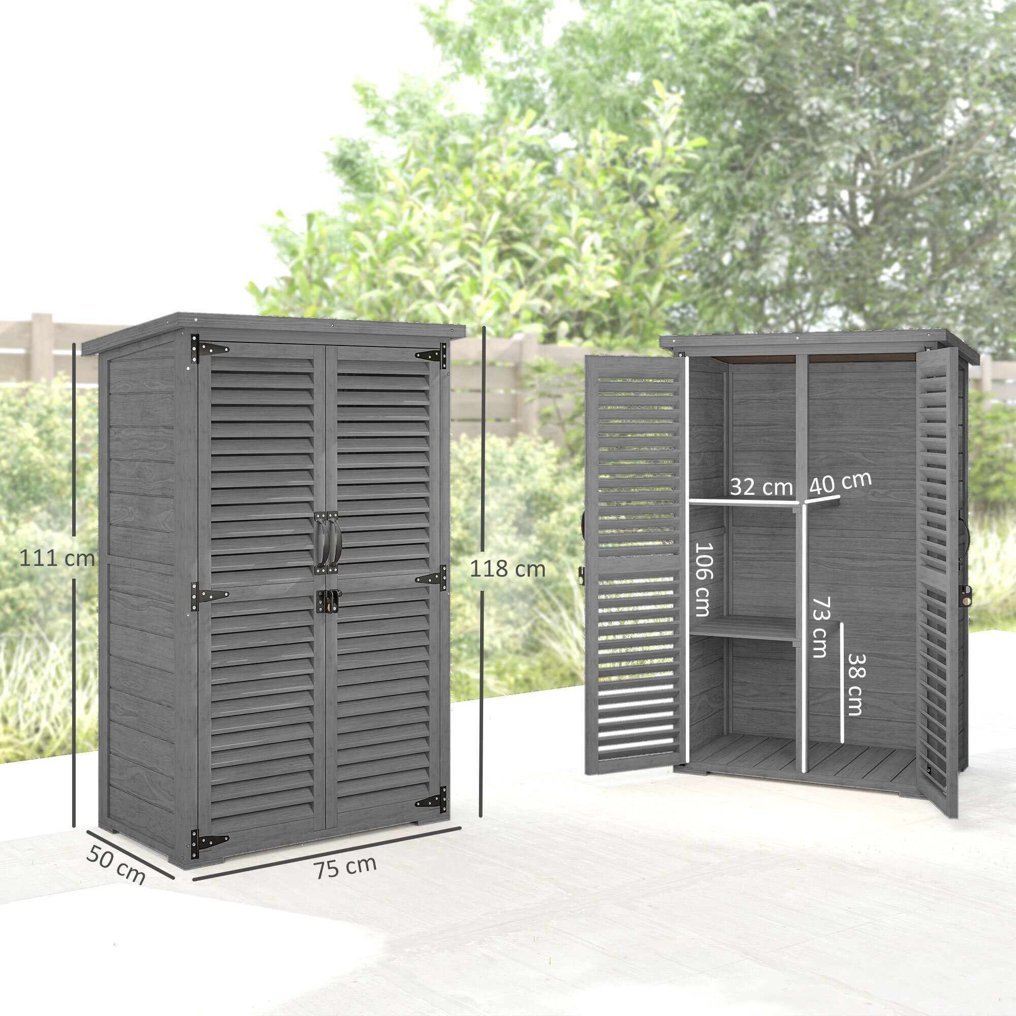 Armoire de jardin  2 portes persiennes 2 étagères toit bitumé bois gris