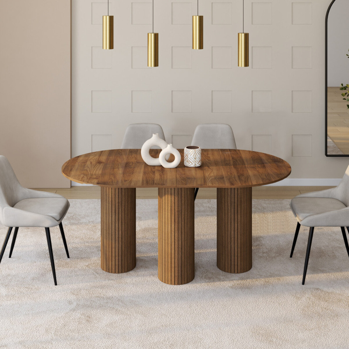 Table à manger extensible Albane 160-200cm 3 pieds pylône effet noyer