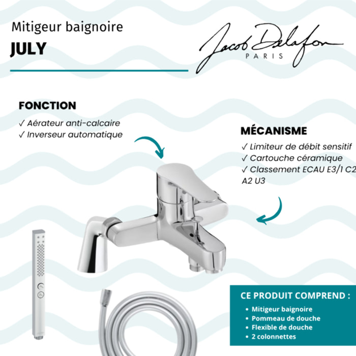 Mitigeur baignoire July + pommeau de douche Shift+ carré + flexible de douche lisse + colonnettes