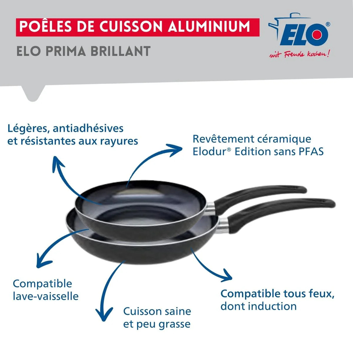 Ensemble de 2 Poêles de cuisson 28 et 32 cm et 2 faitouts 14 et 16 cm Elo Prima Brillant