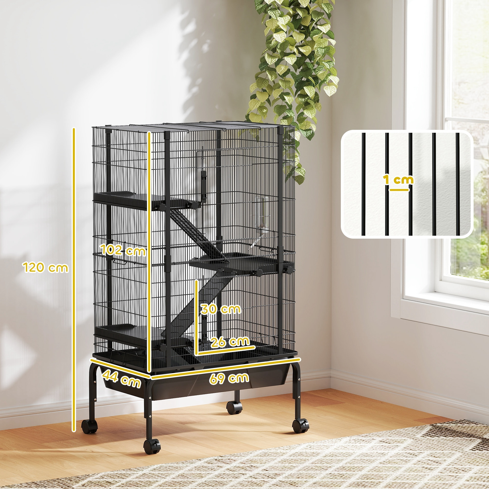 Jaula para Animales Pequeños de 4 Niveles Jaula para Roedores con Ruedas Rampas Cuenco Botella de Agua y Bandeja Extraíble Recinto para Conejos Chinchillas Hurones Cobayo 69x44x120 cm Negro