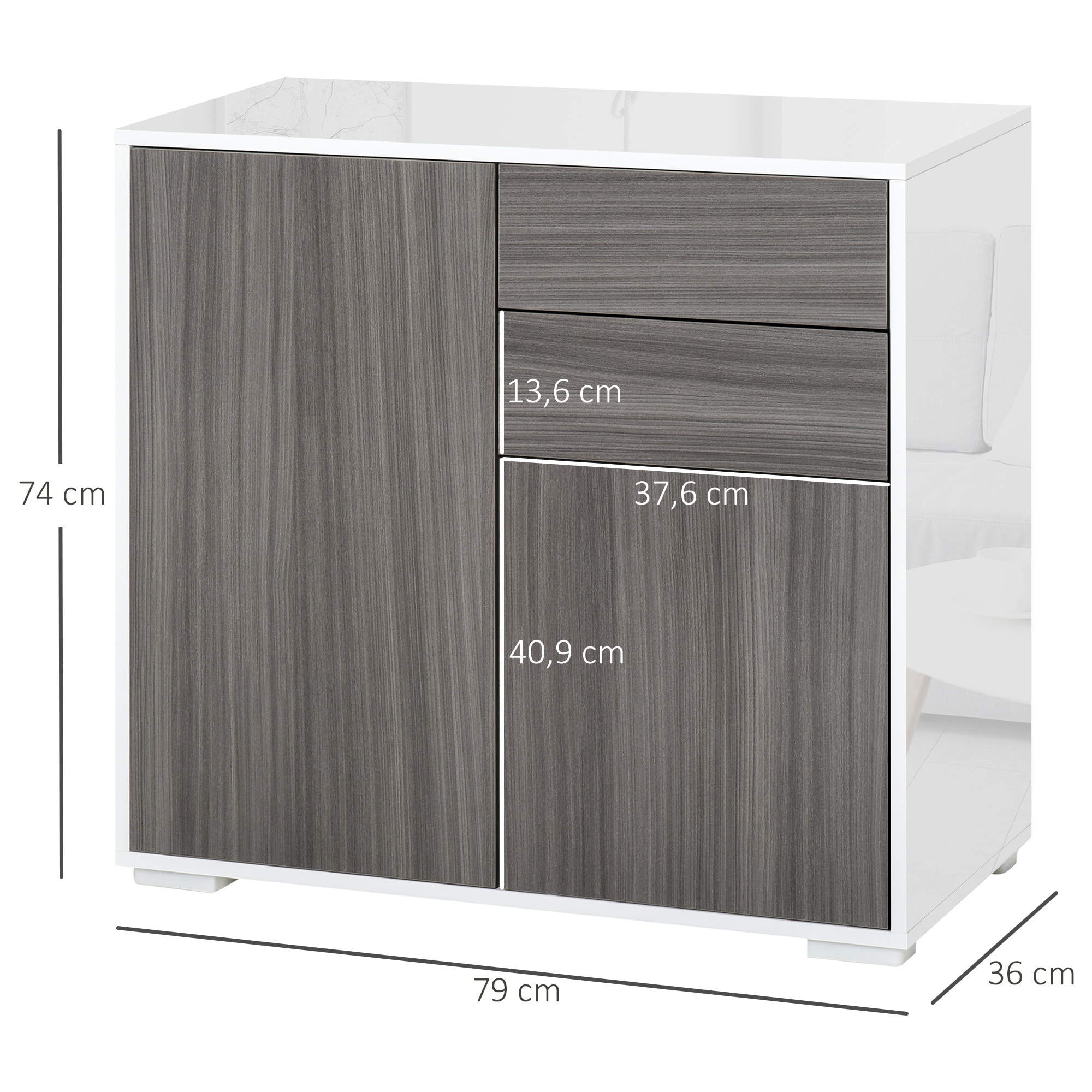 Aparador para Cocina con 2 Puertas 2 Cajones Marco de Blanco Brillante Estante Ajustable Apertura a Presión Armario de Almacenamiento para Dormitorio Salón 79x36x74 cm Gris