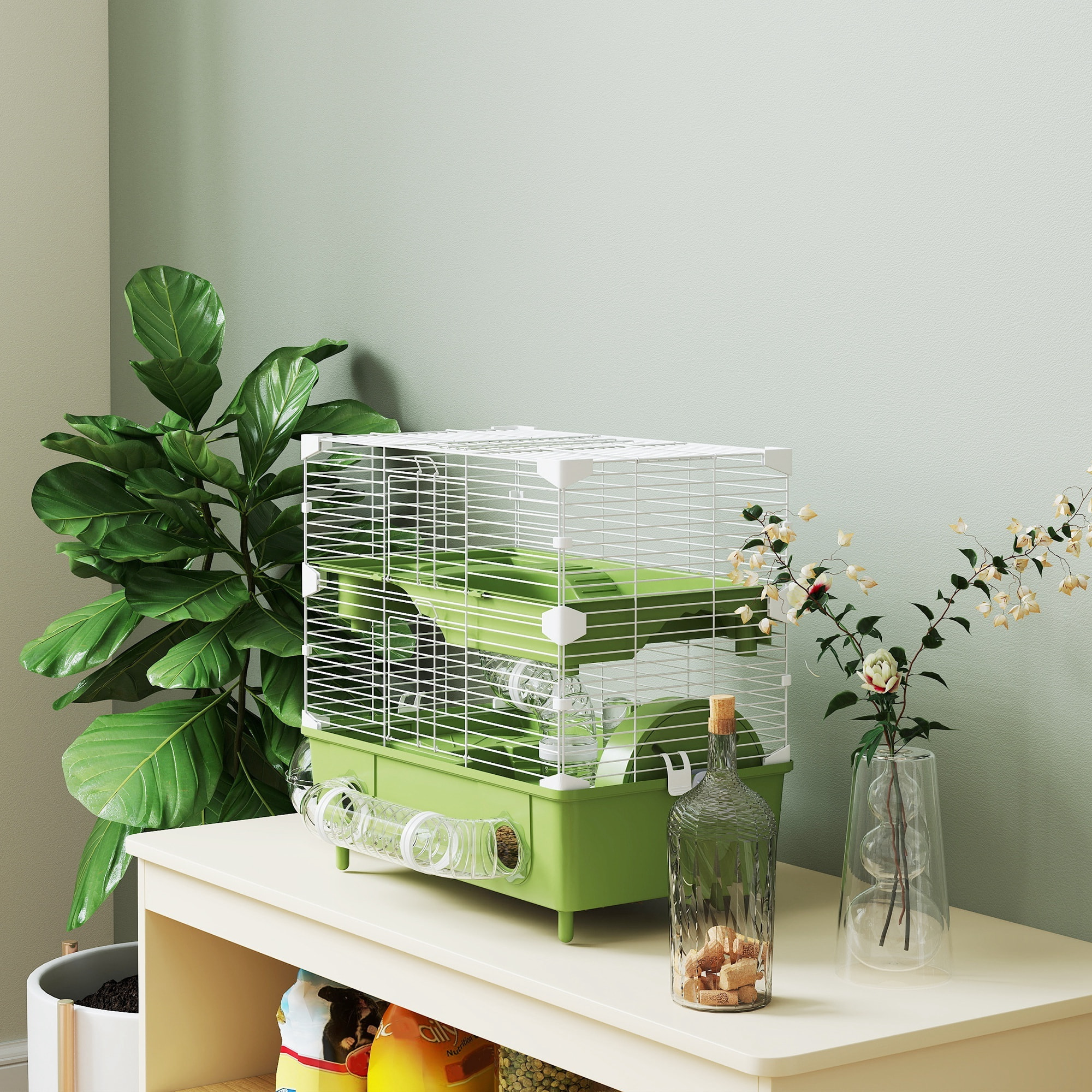 Cage pour hamster 2 niveaux roue sphère bac à sable tuyaux biberon eau dim. 44,5 x 28 x 44 cm blanc vert