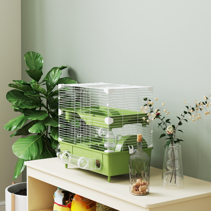 Cage pour hamster 2 niveaux roue sphère bac à sable tuyaux biberon eau dim. 44,5 x 28 x 44 cm blanc vert