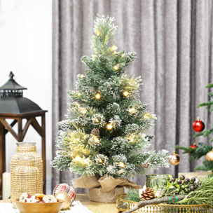Sapin de Noël artificiel LED enneigé de table bureau H.60cm - 64 branches, 6 pommes de pin - toile de lin