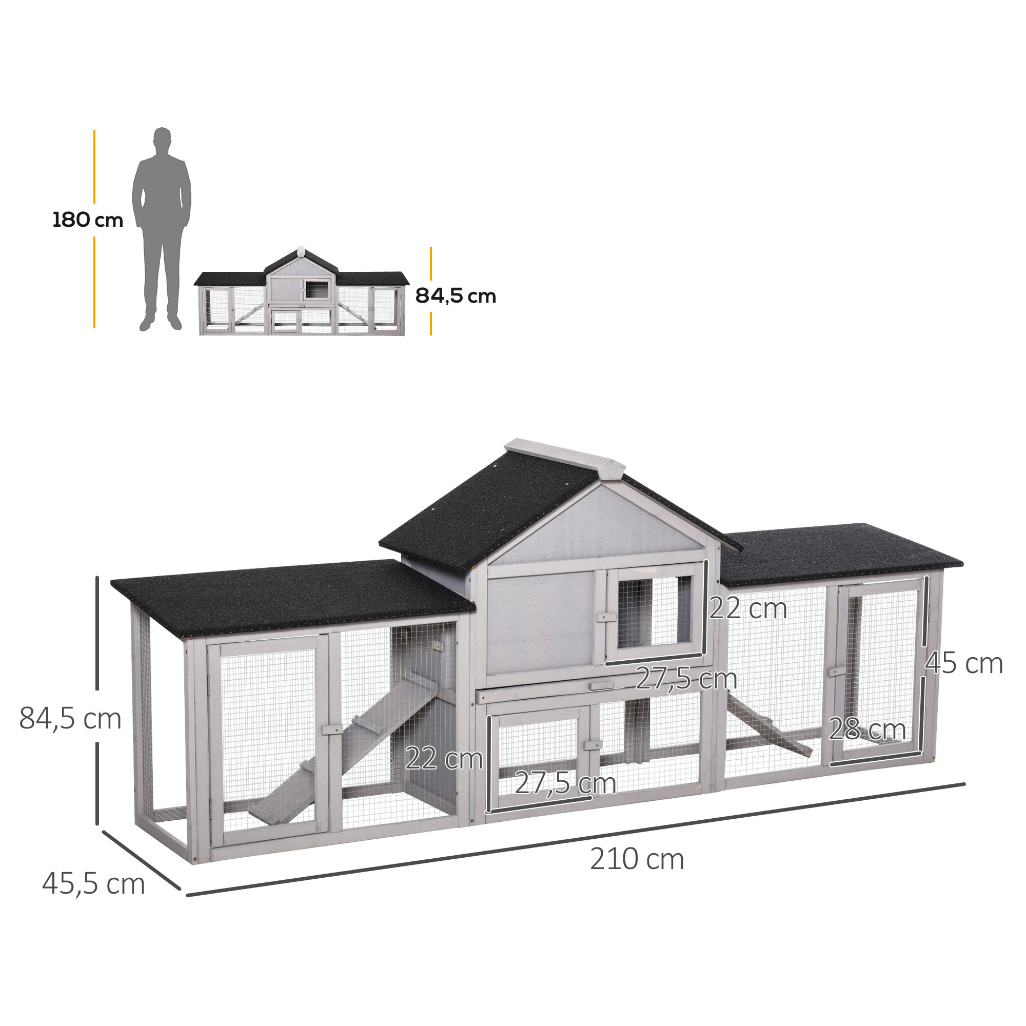 Conejera de Exterior Grande Jaula de Madera para 2-4 Conejos con Techo Asfáltico Recinto de Alambre Bandeja Extraíble y Rampas 210x45,5x84,5 cm Gris y Negro