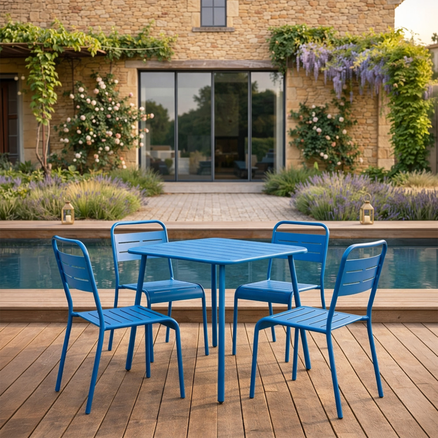 Ensemble table de jardin carrée et 4 chaises bleu EVORA