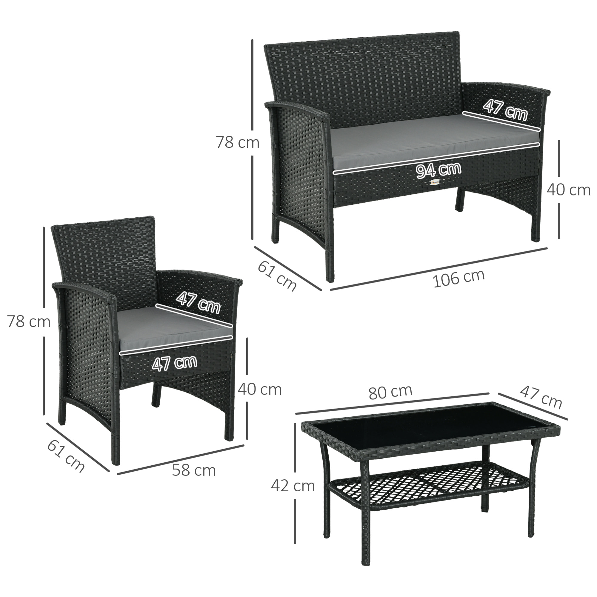 Outsunny Salotto da Esterno Rattan PE con Divanetto, 2 Poltrone con Cuscini e Tavolino in Vetro, Nero e Grigio