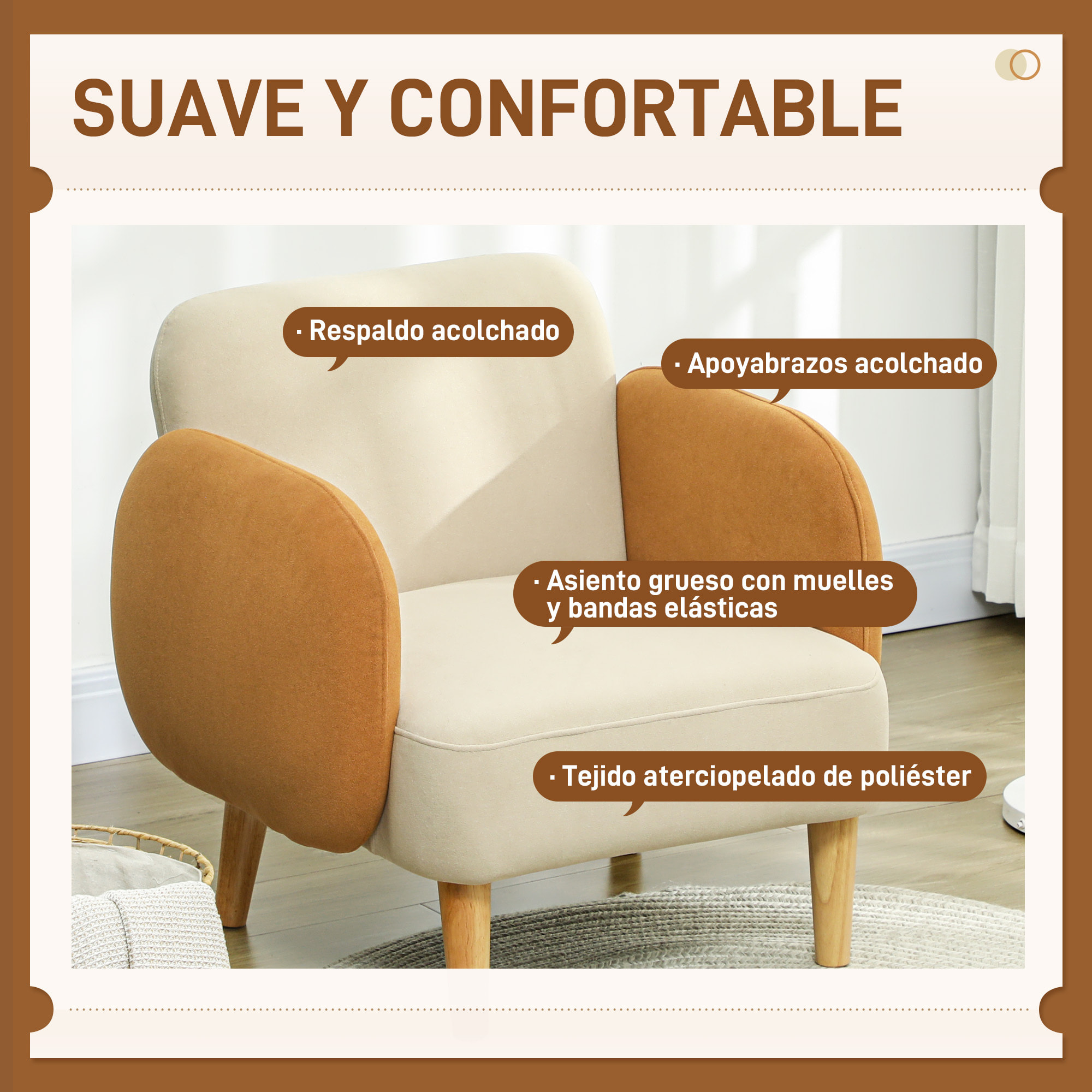 HOMCOM Sillón de Salón Nórdico Butaca para Dormitorio con Reposabrazos y Patas de Madera Sofá Individual Carga 120 kg para Oficina Sala de Estar Beige y Ocre