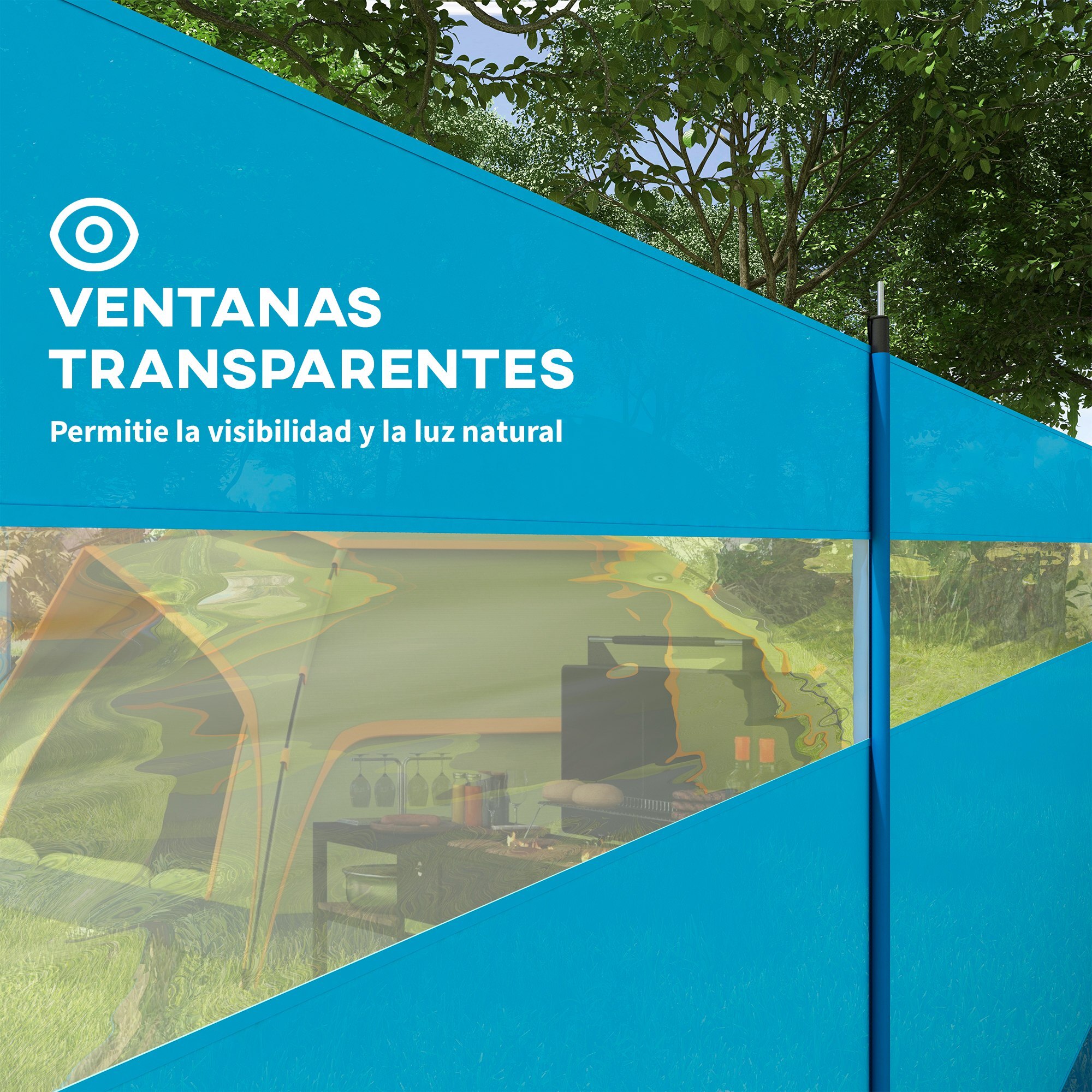 Cortavientos para Camping de 4 Paneles 725x140 cm Paravientos Playa con Panel Superior Transparente Postes de Acero Estacas y Bolsa de Transporte Impermeable para Jardín Playa Azul