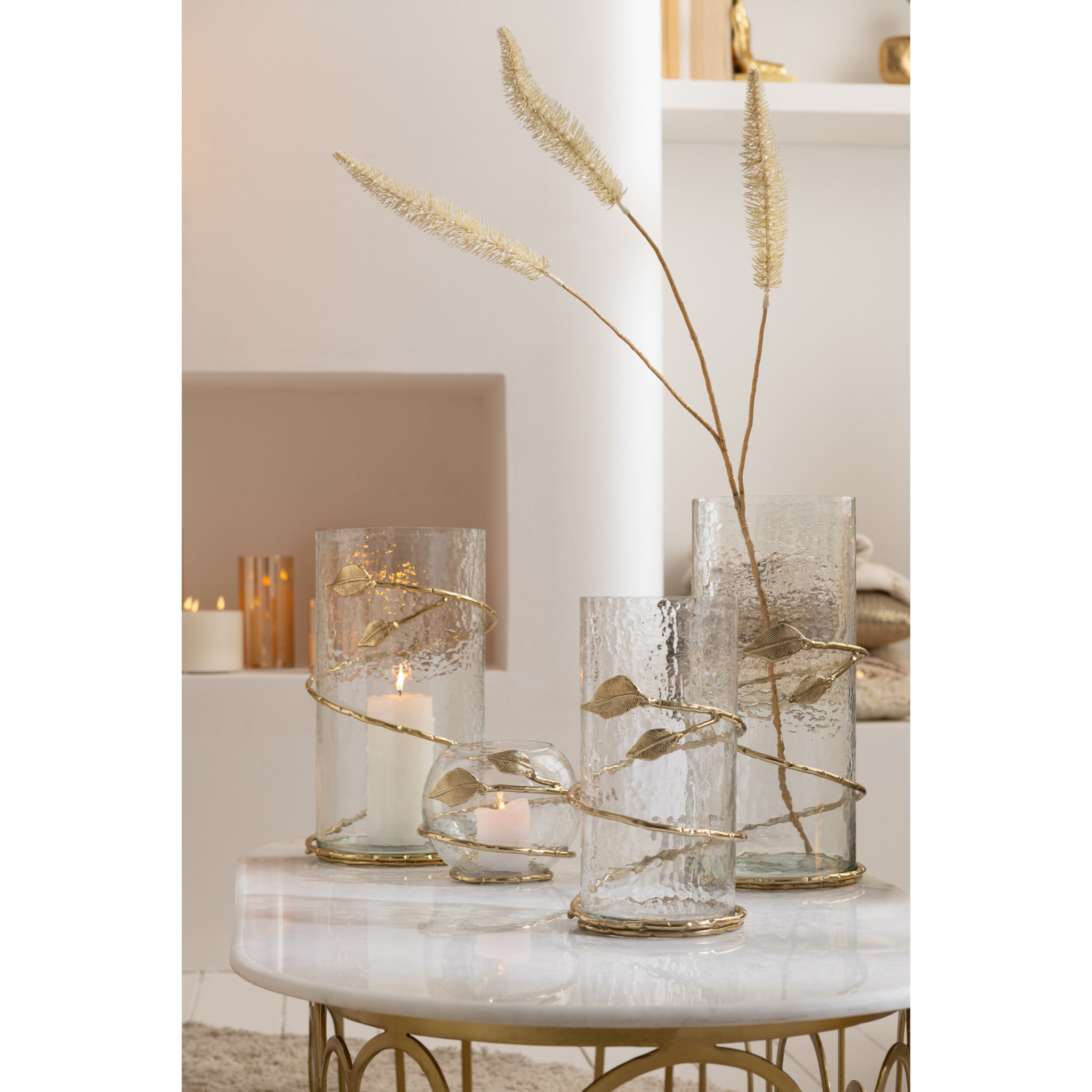 J-Line vase Feuillelong - verre//acier - transaprent/or - 34 cm de hauteur