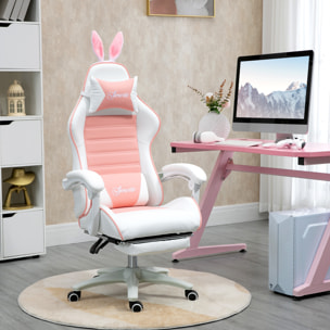 Chaise gaming fauteuil gamer inclinable réglable repose-pied rétractable oreilles de lapin amovibles rose blanc
