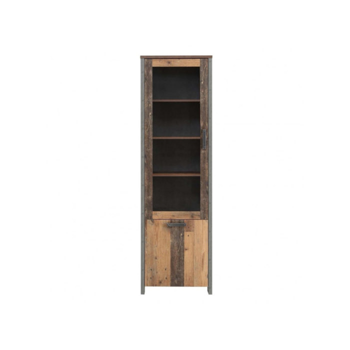 Vitrine en bois H205cm effet bois vieilli avec porte vitrée réversible - FRED