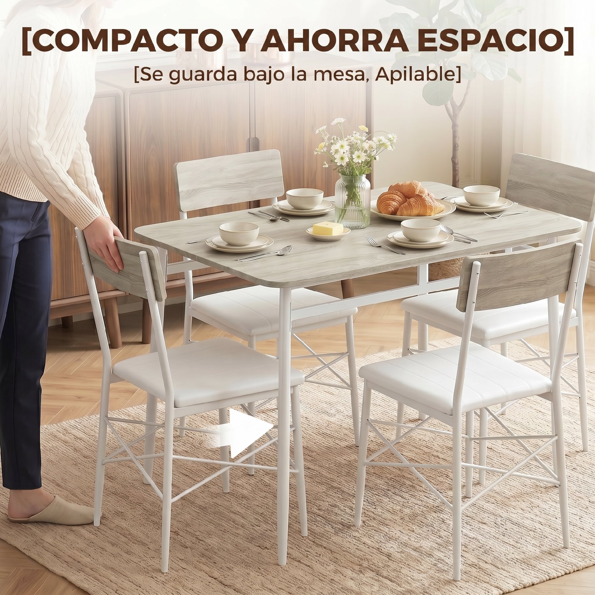HOMCOM Juego de Mesa y Sillas de Comedor 5 Piezas, Mesa de Cocina Rectangular con 4 Sillas Acolchadas, Estilo Moderno, Marco Metálico, para Espacios Pequeños, Salón, 106x66x75 cm, Roble y Blanco