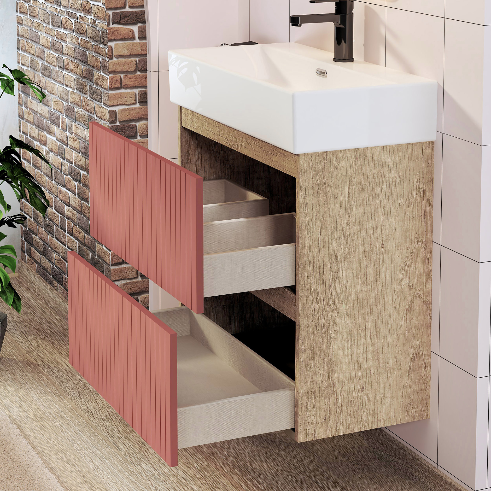 Conjunto de Baño Zel | Mueble Suspendido | 70 cm Scarlato | Dos Cajones | Lavabo Encastrado | No incluye Espejo | Mueble Montado| Alday