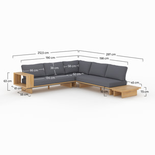 Canapé d'angle de jardin en bois et tissu gris 4 places - Seya