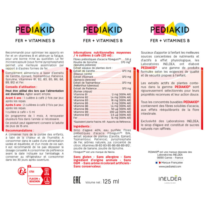 PEDIAKID - Sirop Fer + Vitamines B - Complément Alimentaire Naturel - Formule Exclusive au Sirop d'Agave - Optimise les Apports en Fer - Contribue à Réduire la Fatigue - Lot de 2 Flacons 125ml