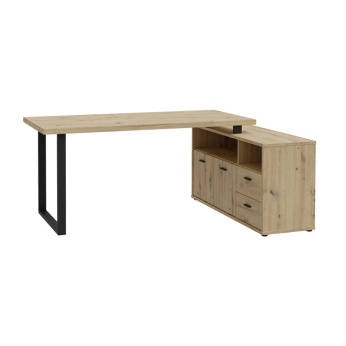 Bureau d'angle 2 placards 2 tiroirs 181 cm décor bois chêne - GOTHAM