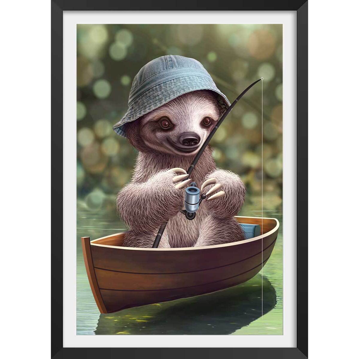 Affiche enfant paresseux à la pêche  Affiche sous cadre noir