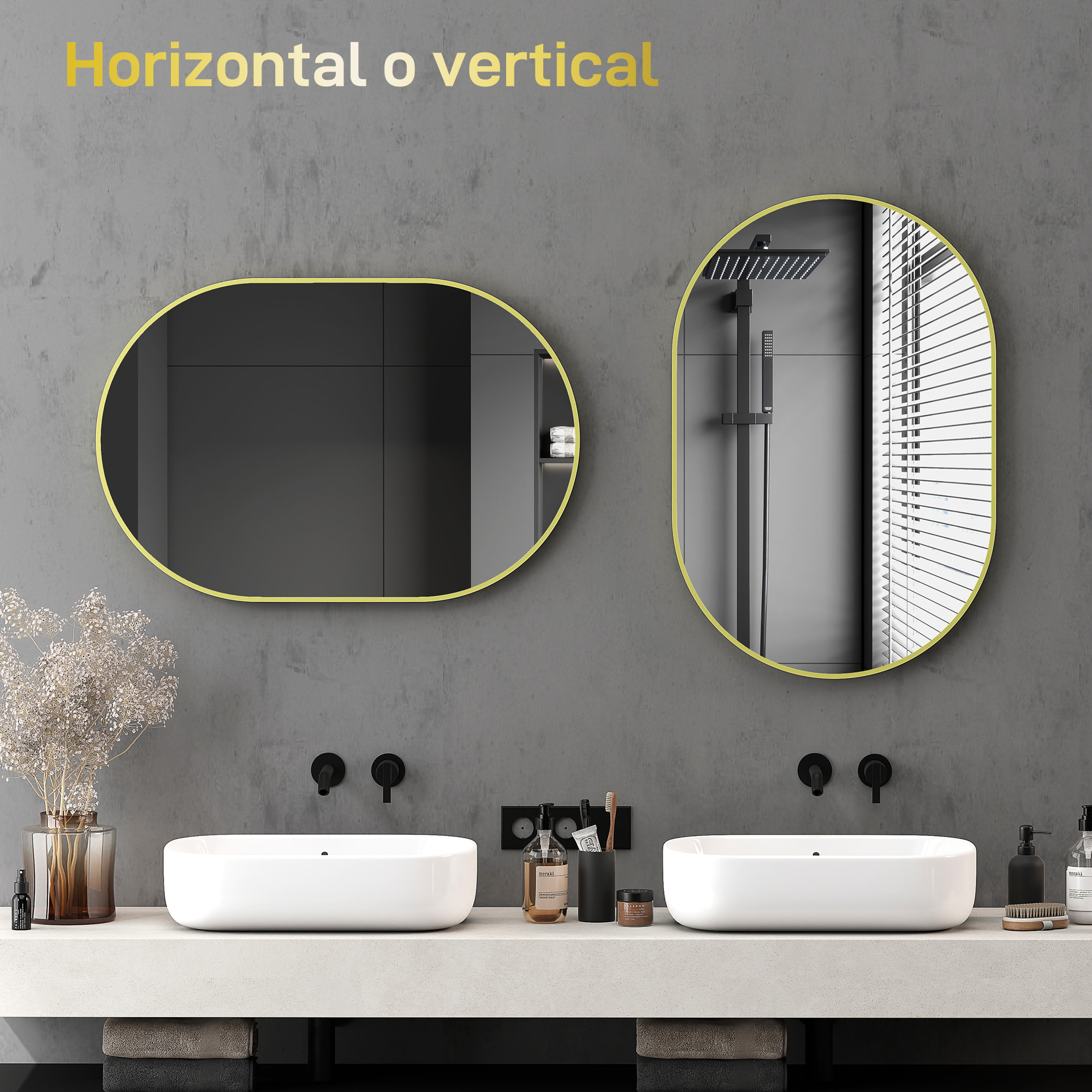 Espejo de Baño Ovalado 60x90 cm con Marco de Aluminio Espejo de Pared Decorativo Horizontal o Vertical para Salón Entrada Pasillo Dorado