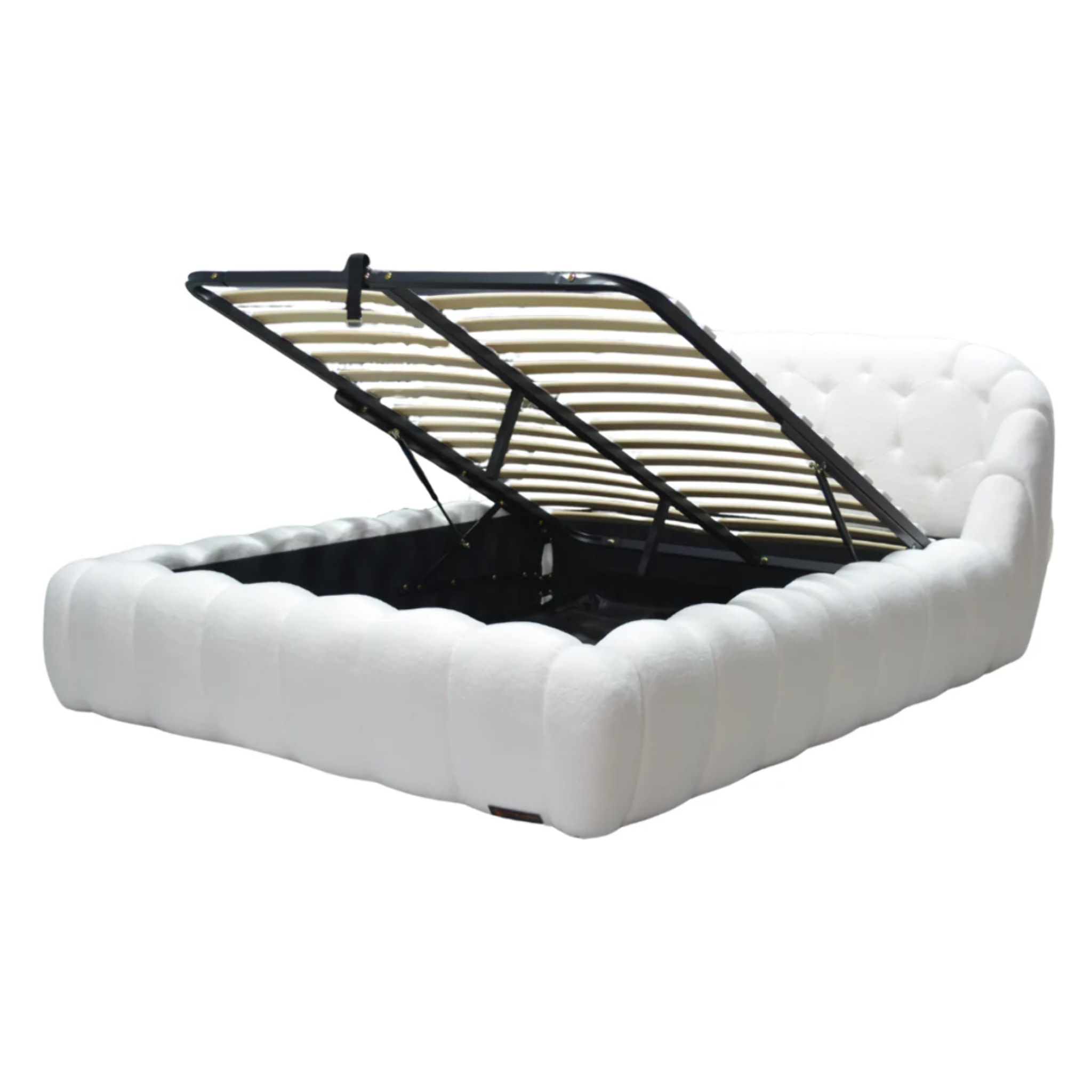 Lit coffre Bubble avec tête de lit en tissu bouclette blanc