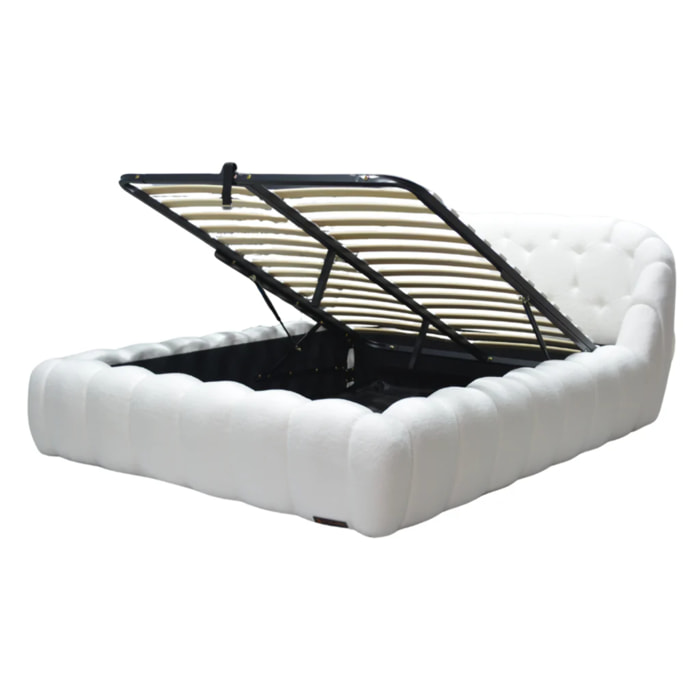 Lit coffre Bubble avec tête de lit en tissu bouclette blanc