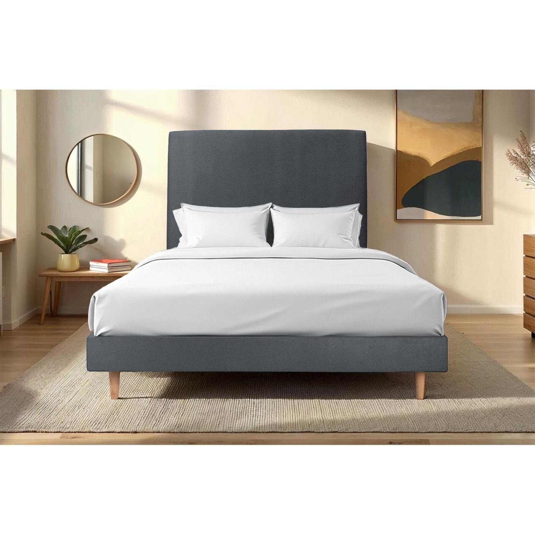 Lit avec tête de lit tapissée velours et sommier kit Ep14