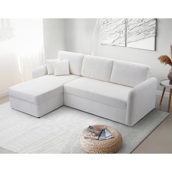 Pocatello - canapé d'angle réversible 4 places - convertible avec coffre - en tissu bouclette - Blanc