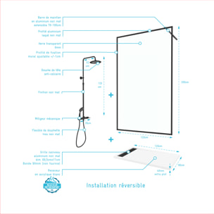 Paroi de Douche 120x200 Verre 8mm & Cadre Noir + Receveur Blanc 80x120 + Colonne de Douche Mécanique