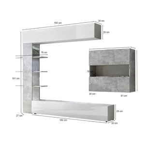 Parete attrezzata Aragosta, Composizione soggiorno, Mobile salotto multiuso, Armadio porta TV, Made in Italy, 295x30 h187 cm, Bianco lucido e Cemento