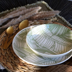 Lot de 6 assiettes creuses 20,5cm en grès à motif vert LEAVES