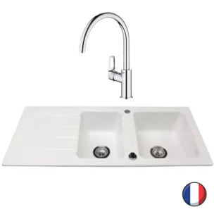 Evier 116 x 51 cm  Architectura 8 Blanc + Robinet cuisine GROHE Bauloop