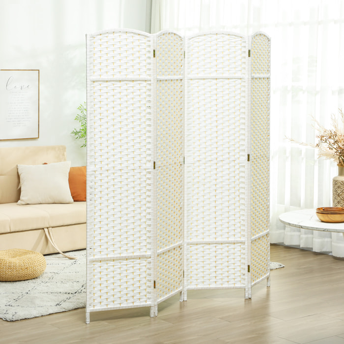 Paravent intérieur pliable 4 panneaux 160 x 170 cm - séparateur de pièce finition tressée - PP  bois pin blanc